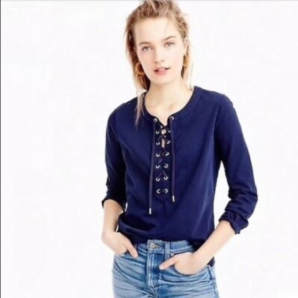 J. Crew Navy Long Sleeve Tie Front Blouse - Picture 1 of 6